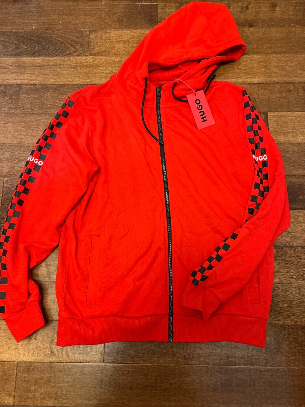 Hugo Boss Red Hooded Zip-Up Sweatshirt with Black Checkered Sleeve Stripes